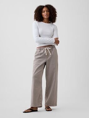GAP Women’s Wide-Leg Denim Drawstring Pants in Taupe